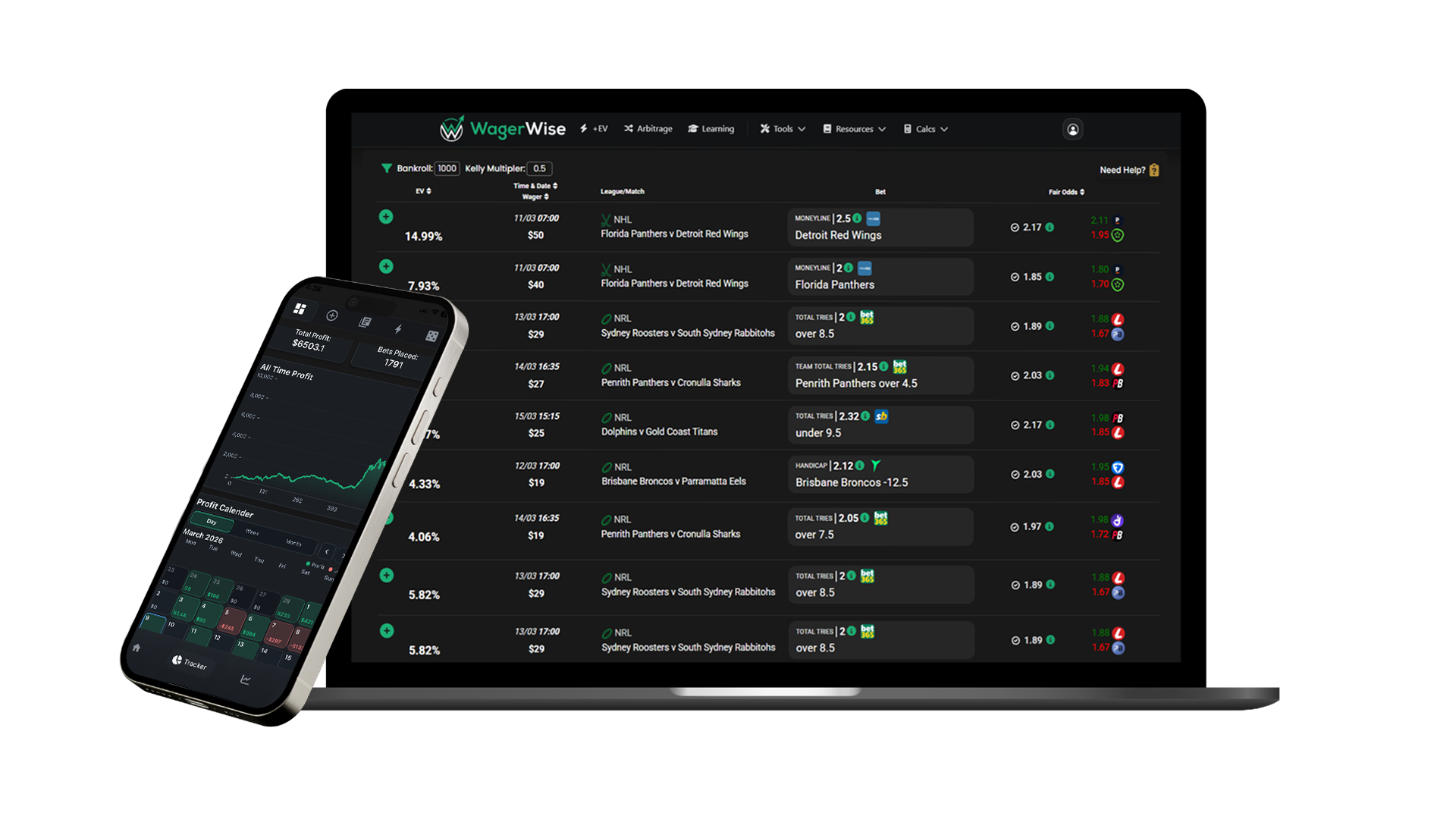 Voorbeeld van de WagerWise-wedsoftware op desktop en mobiel